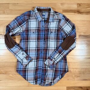 Men S Kavu Multicolor Plaid Button-Down Shirt Long Sleeve Cotton Elbow Patch
